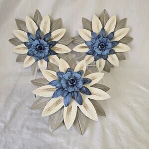 Layered Metal & Wood Floral Wall Decor Set of 3 Gray Beige Blue 9.5" x 9" x 2"